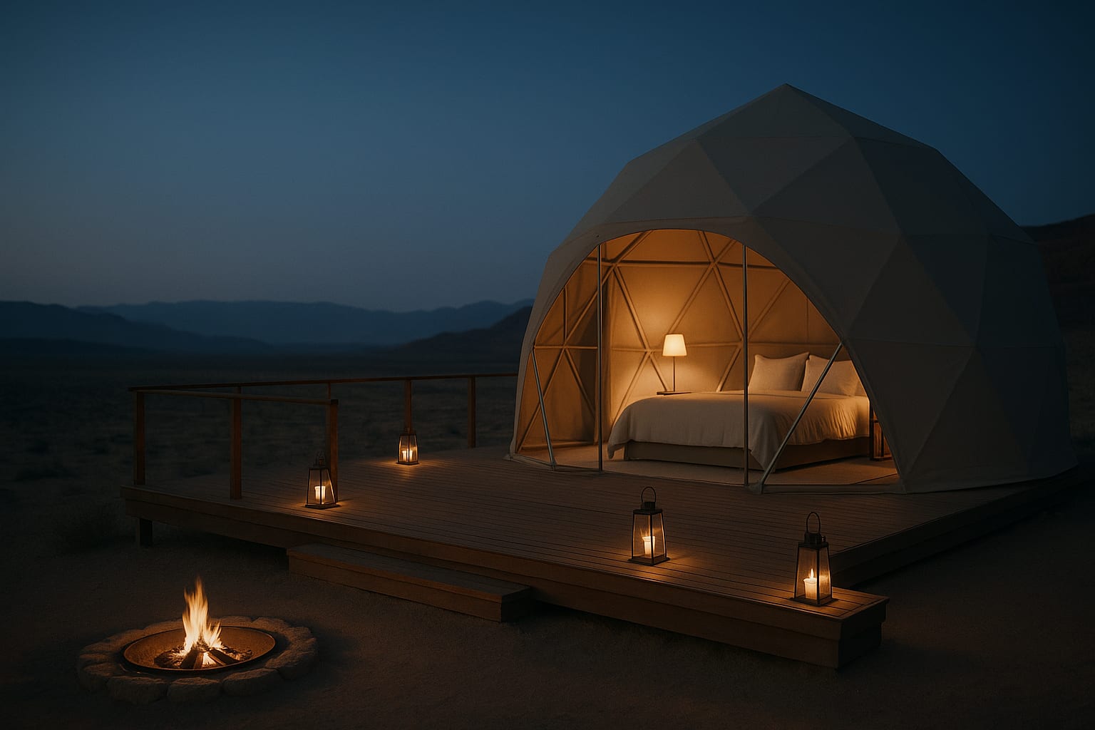 A luxury glamping dome suite at dusk overlooking a desert valley