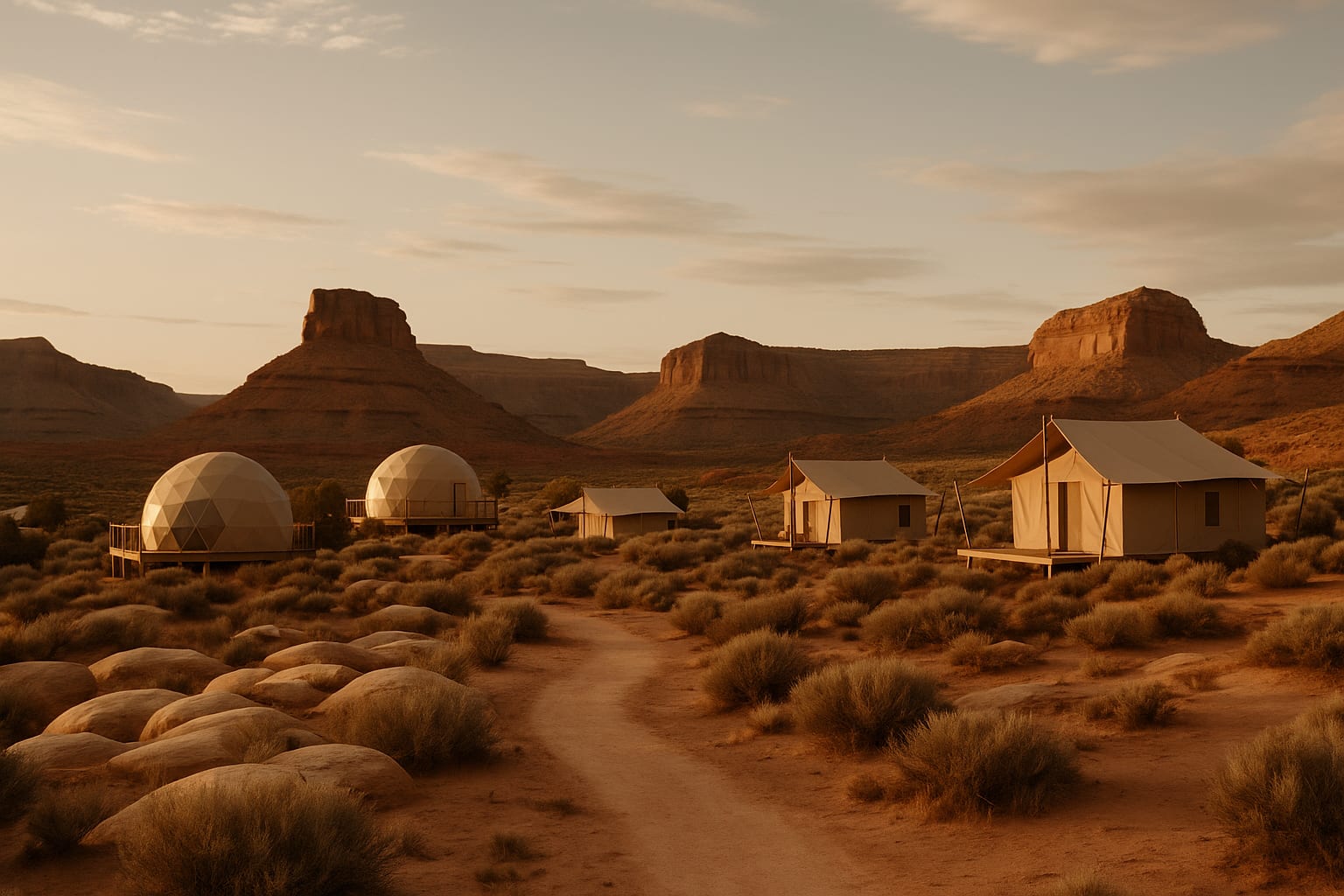 A luxury glamping resort in the Utah high desert at golden hour